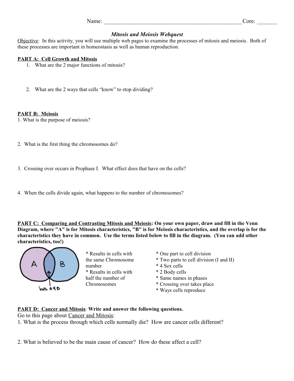 Mitosis and Meiosis Webquest