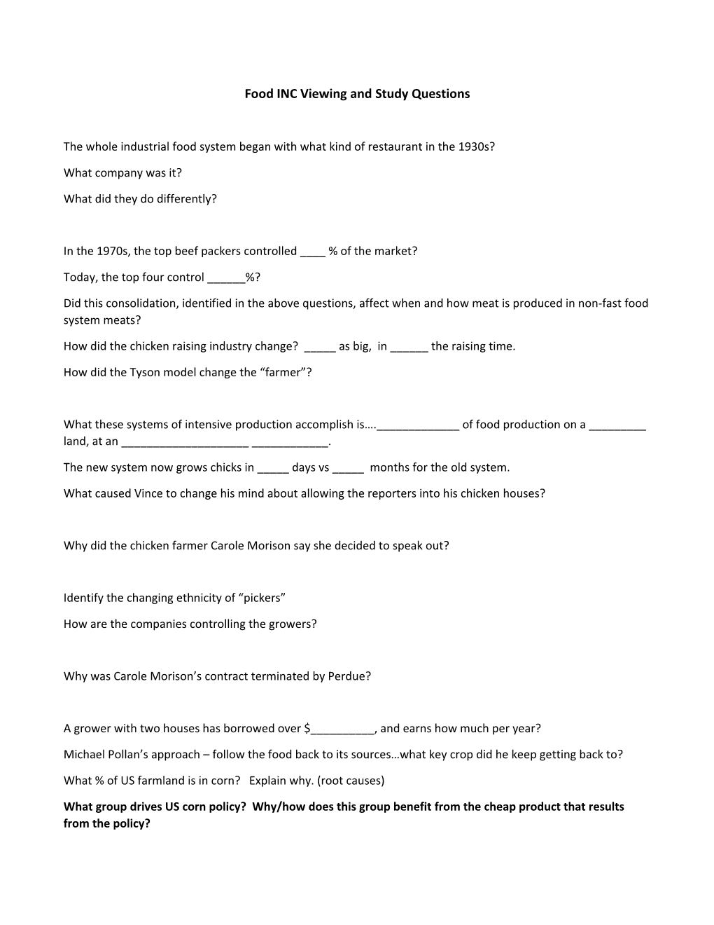 Food INC Viewing and Study Questions