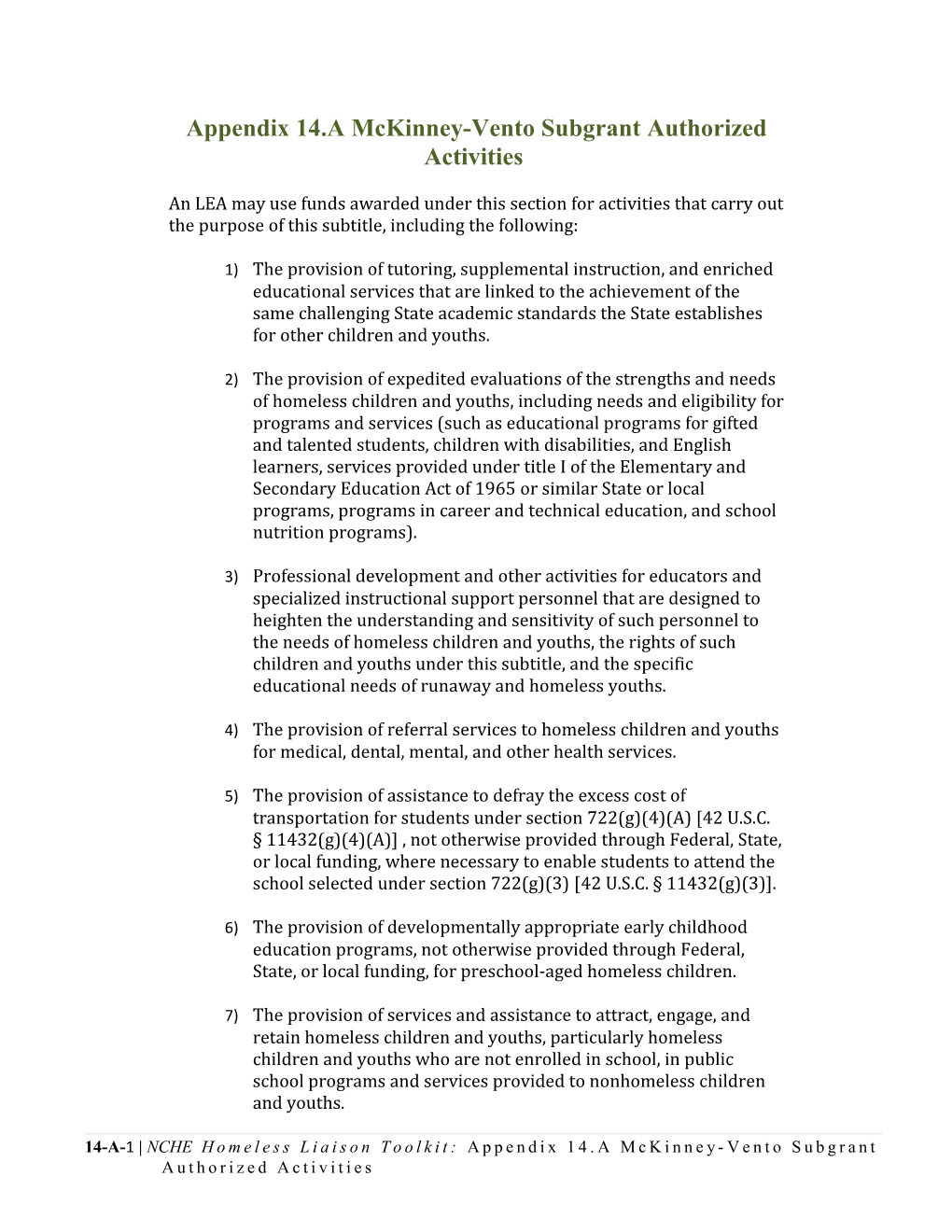 Appendix 14.Amckinney-Vento Subgrant Authorized Activities