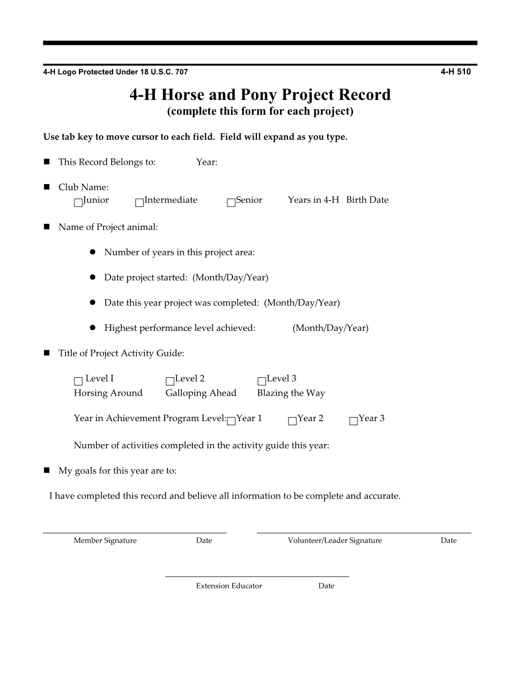 4-H Horse Project Record