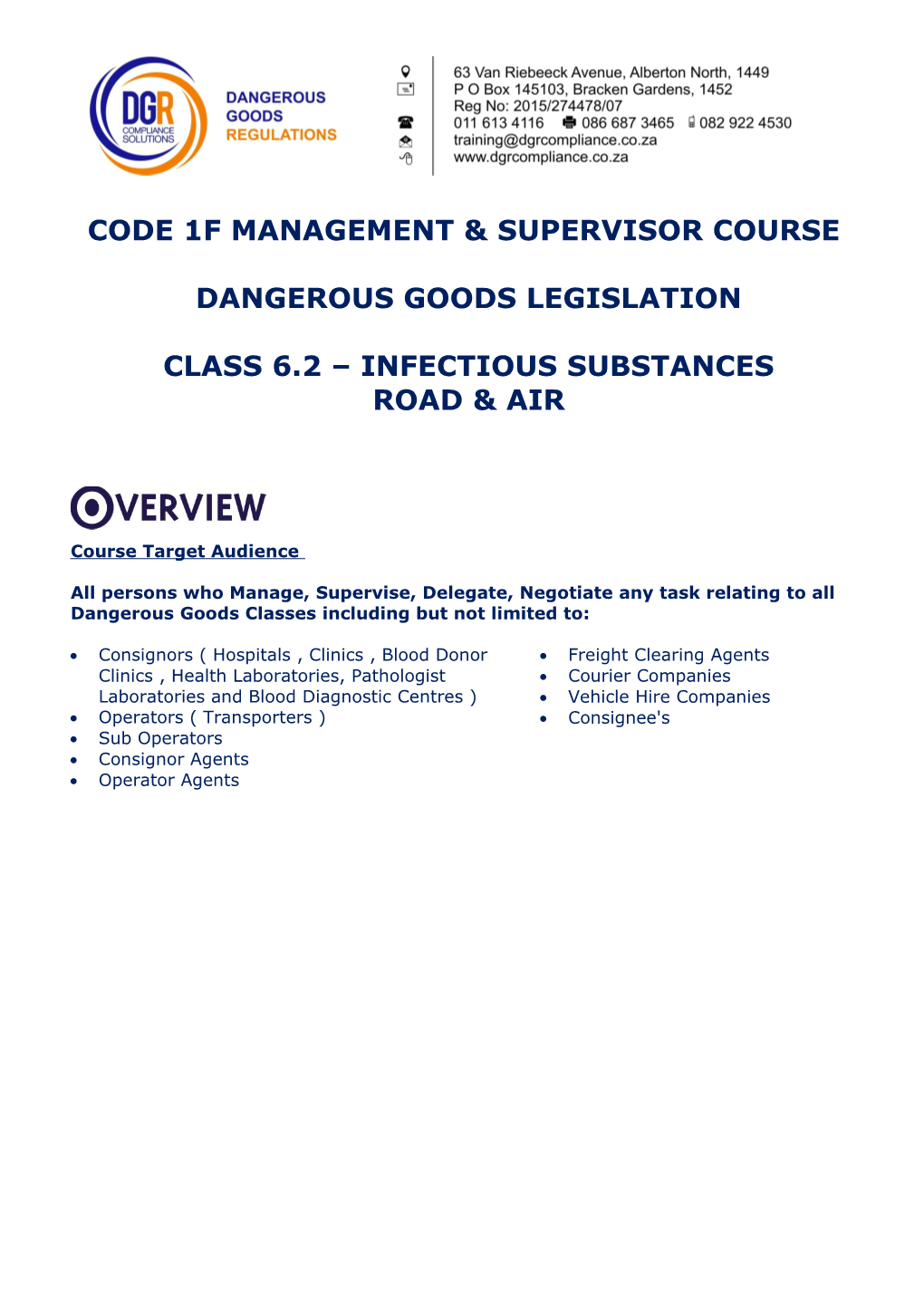 Code 1Fmanagement & Supervisor Course