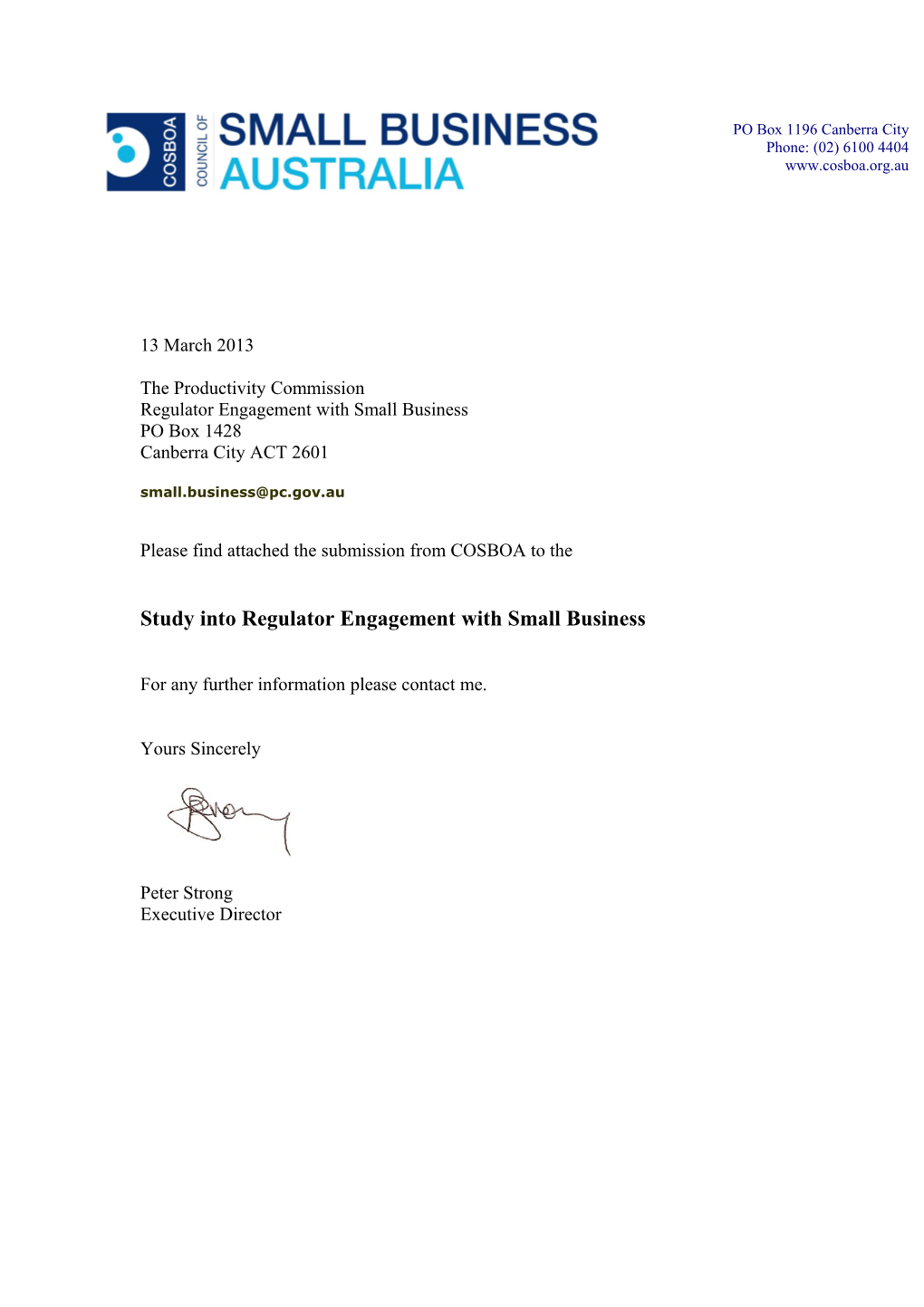 Submission 15 - Council of Small Business of Australia (COSBOA) - Regulator Engagement