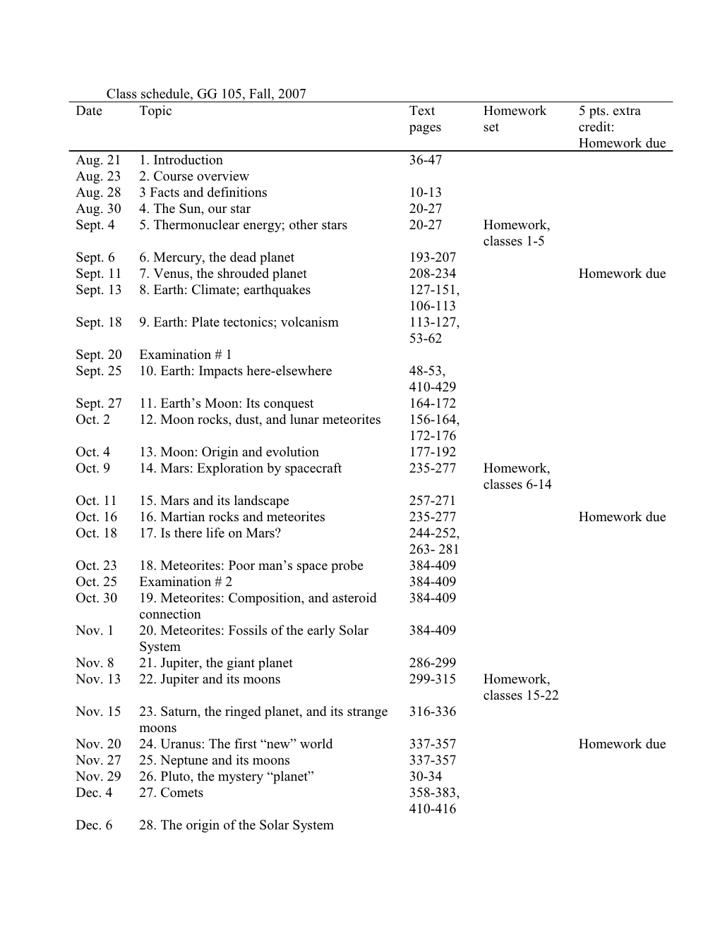 Class Schedule, GG 105, Fall, 2007