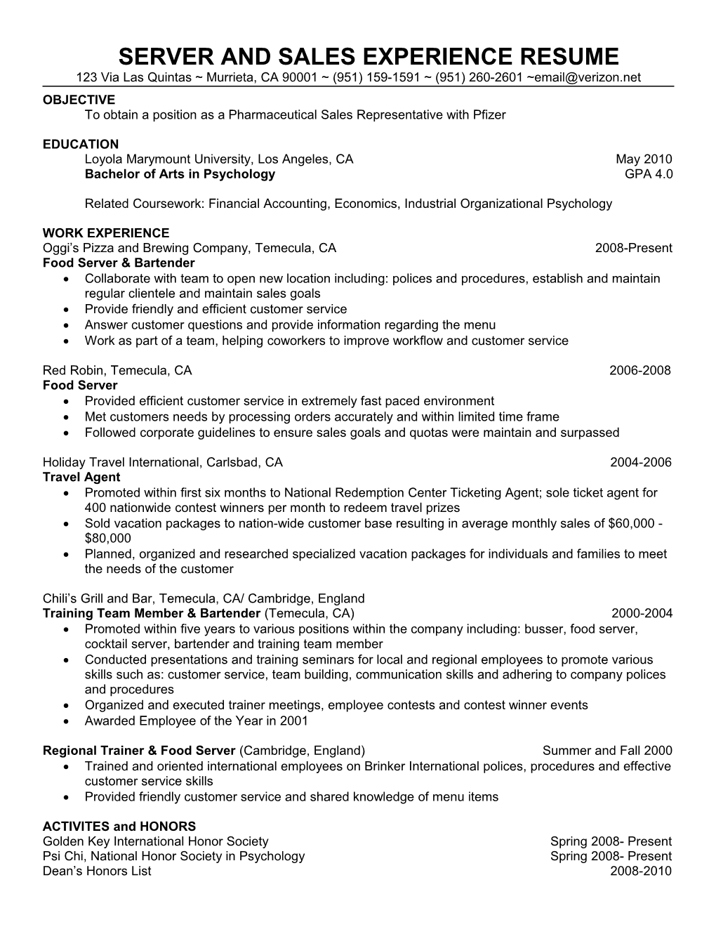 Server and Sales Experience Resume