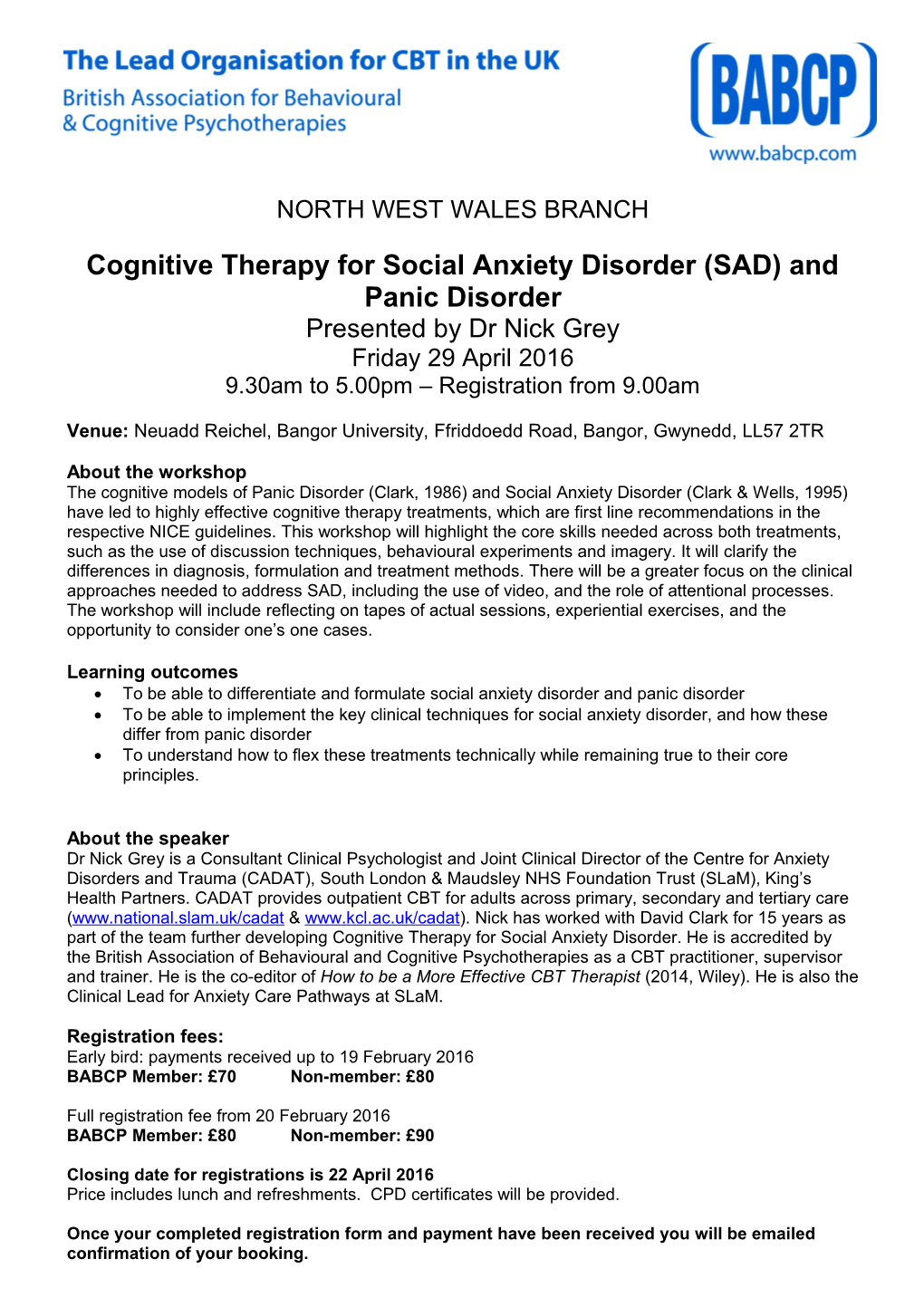 Cognitive Therapy for Social Anxiety Disorder (SAD) and Panic Disorder