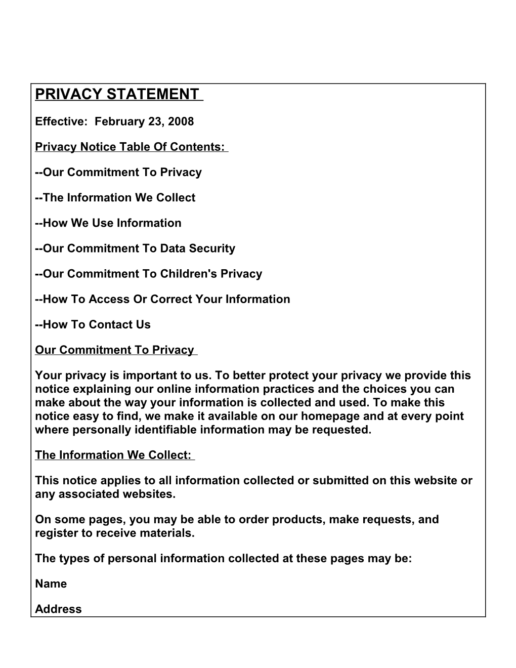 Privacy Notice Table of Contents