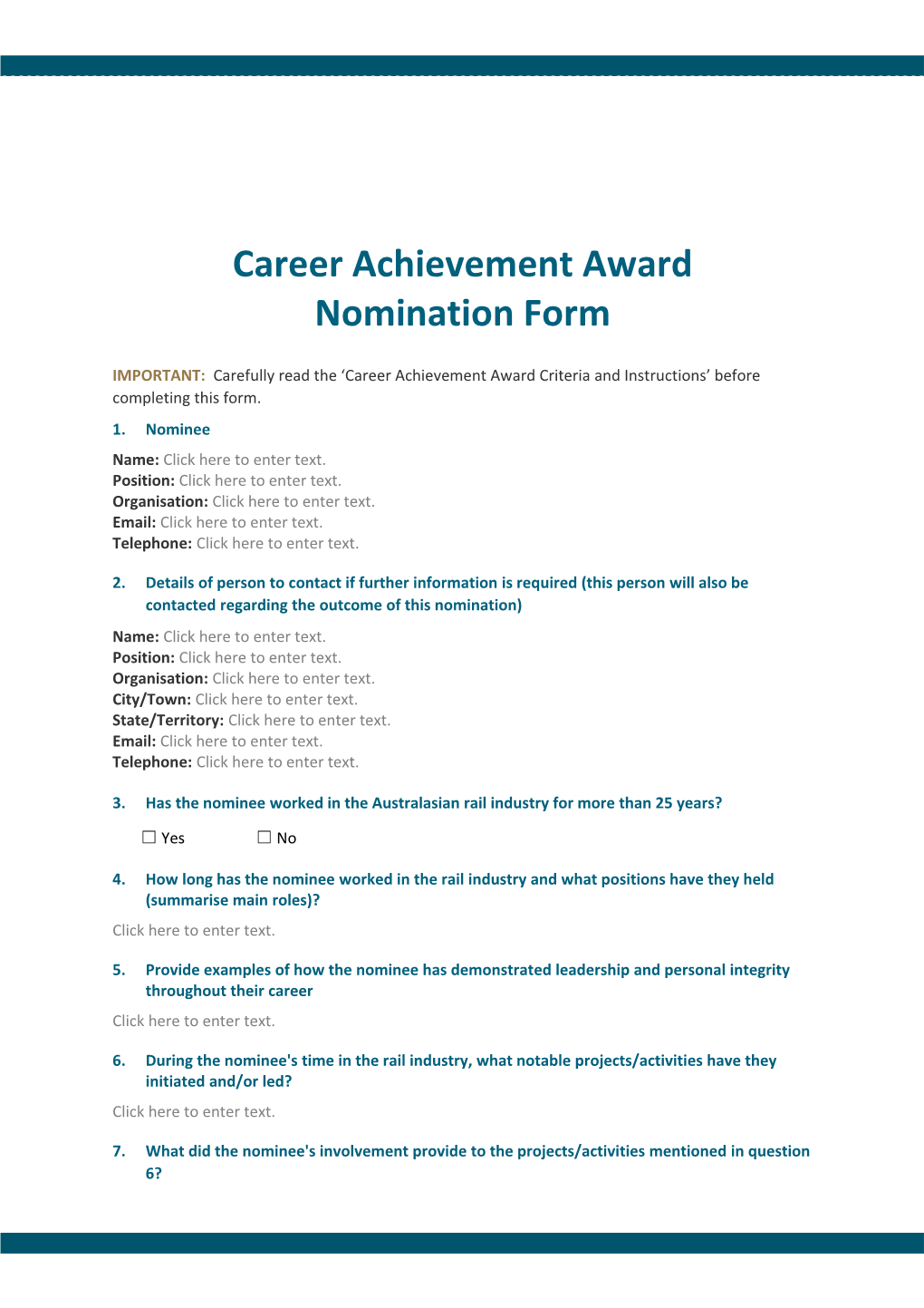 Career Achievement Award Nomination Form