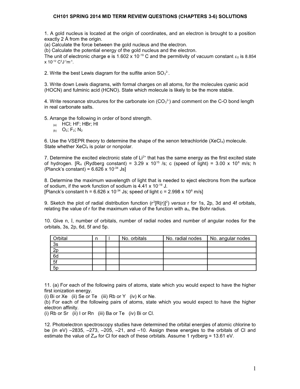 Ch101 Spring 2014 Mid Term Review Questions (Chapters 3-6) Solutions