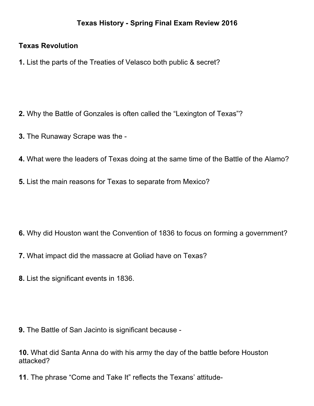 Texas History - Spring Final Exam Review 2016