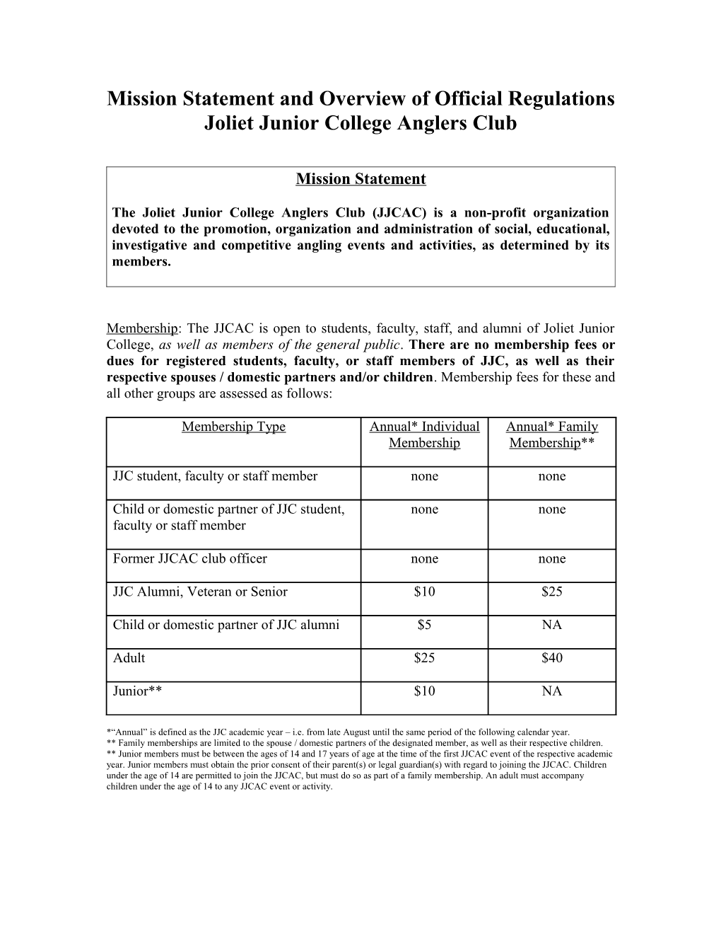 Mission Statement and Overview of Regulations - Joliet Junior College Anglers Club