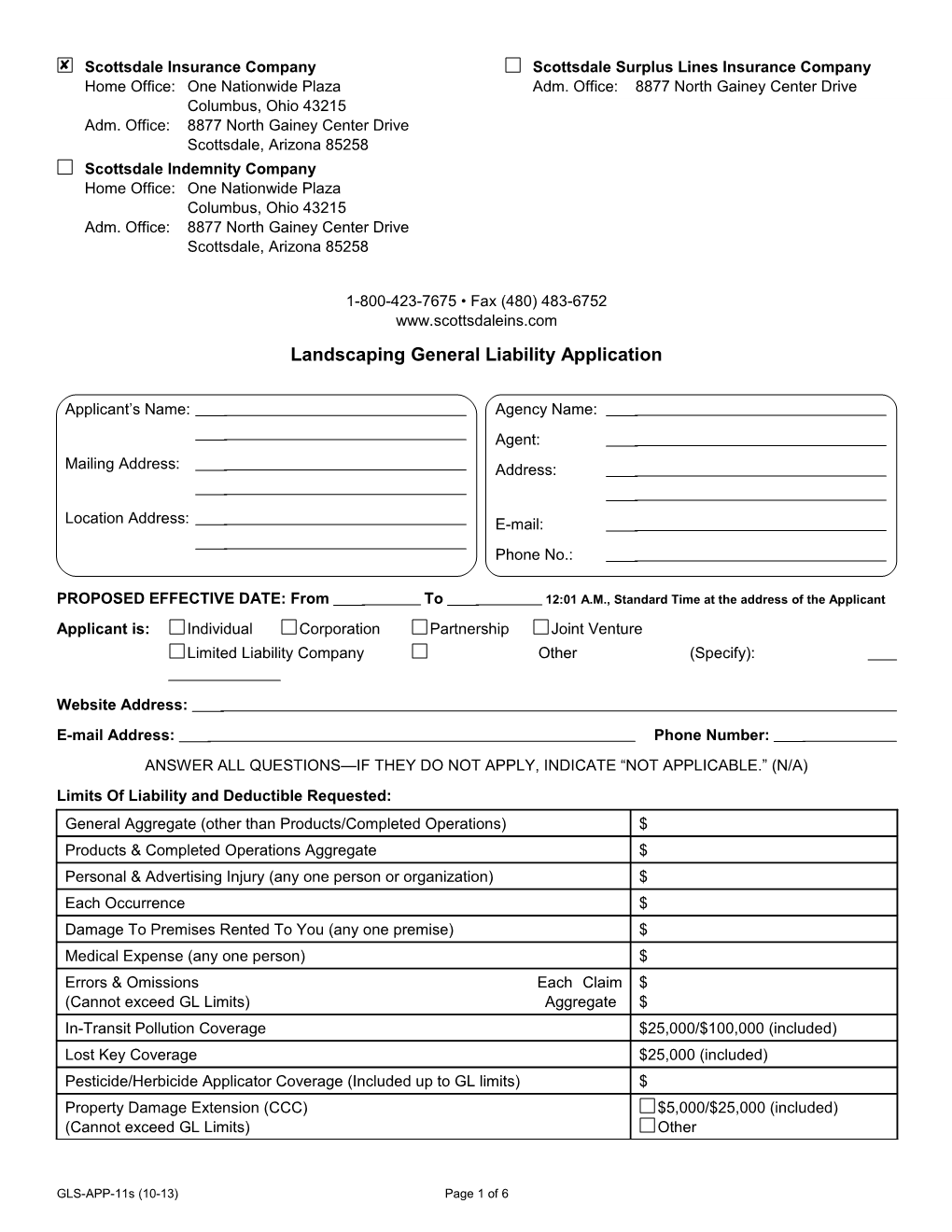 Landscaping General Liability Application