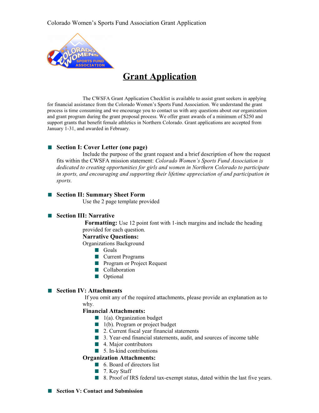 Colorado Women S Sports Fund Association Grant Application