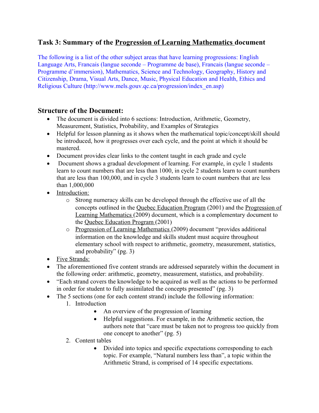 Task 3: Summary of the Progression of Learning Mathematics Document