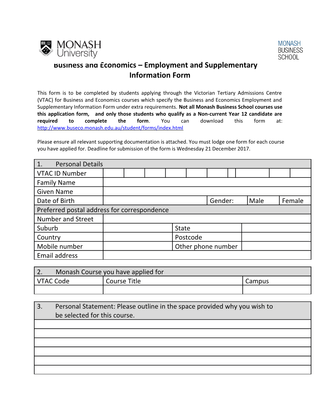 Business and Economics Employment and Supplementary Information Form