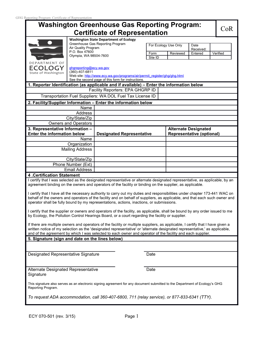 GHG Reporting Program: Certificate of Representation