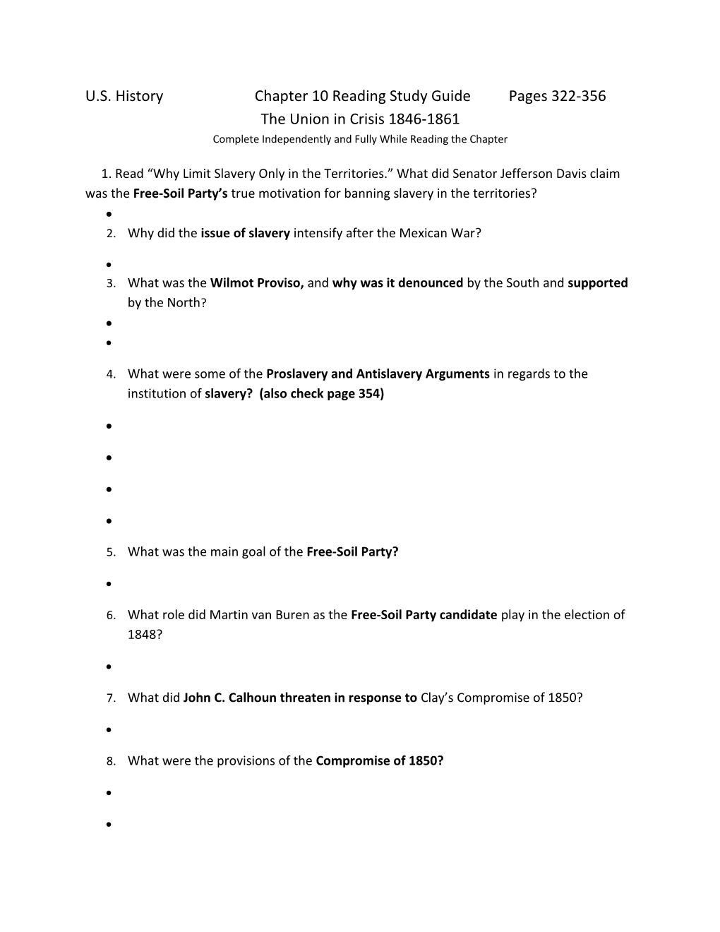 U.S. Historychapter 10 Reading Study Guidepages 322-356