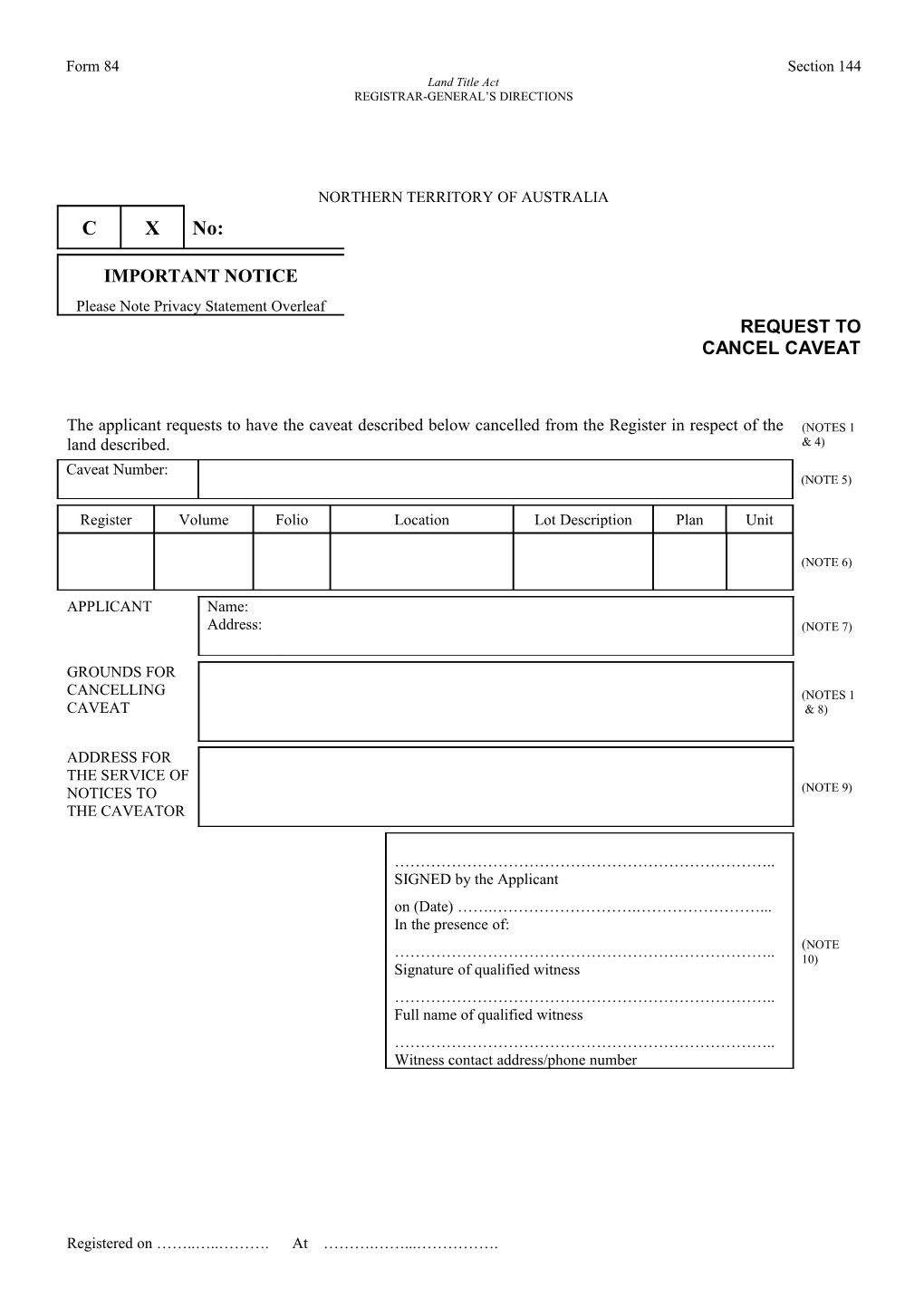 Form No. 84 - Request to Cancel Caveat