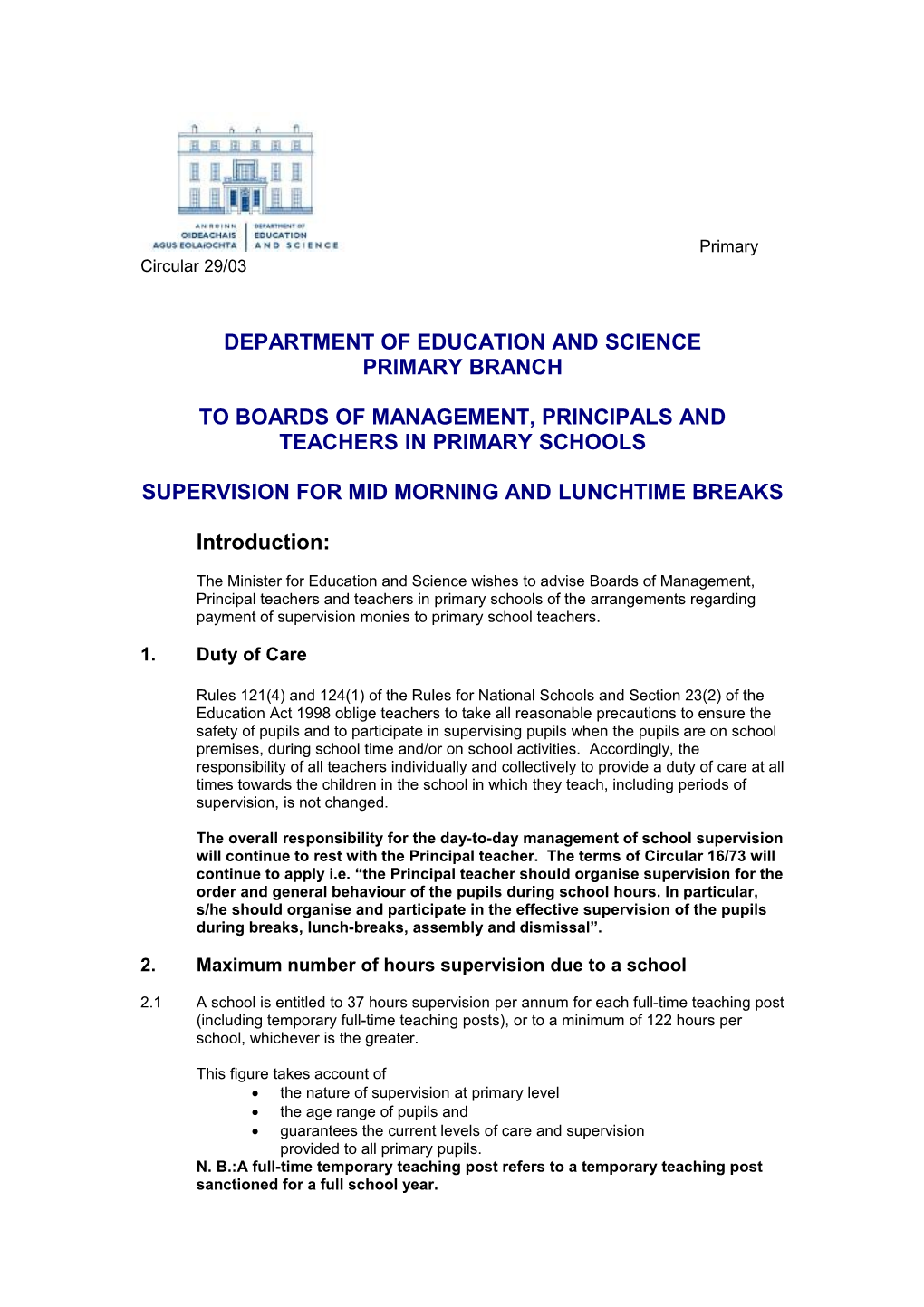 Circular 29/03 - Supervision for Mid Morning and Lunchtime Breaks - Payment of Supervision