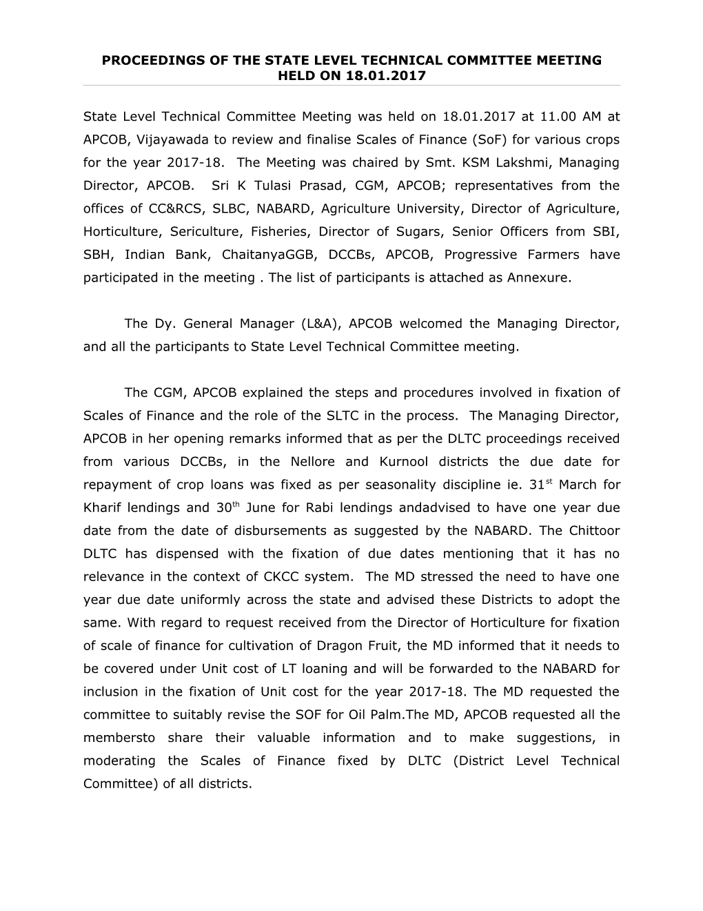 Proceedings of the State Level Technical Committee Meeting Held on 18.01.2017