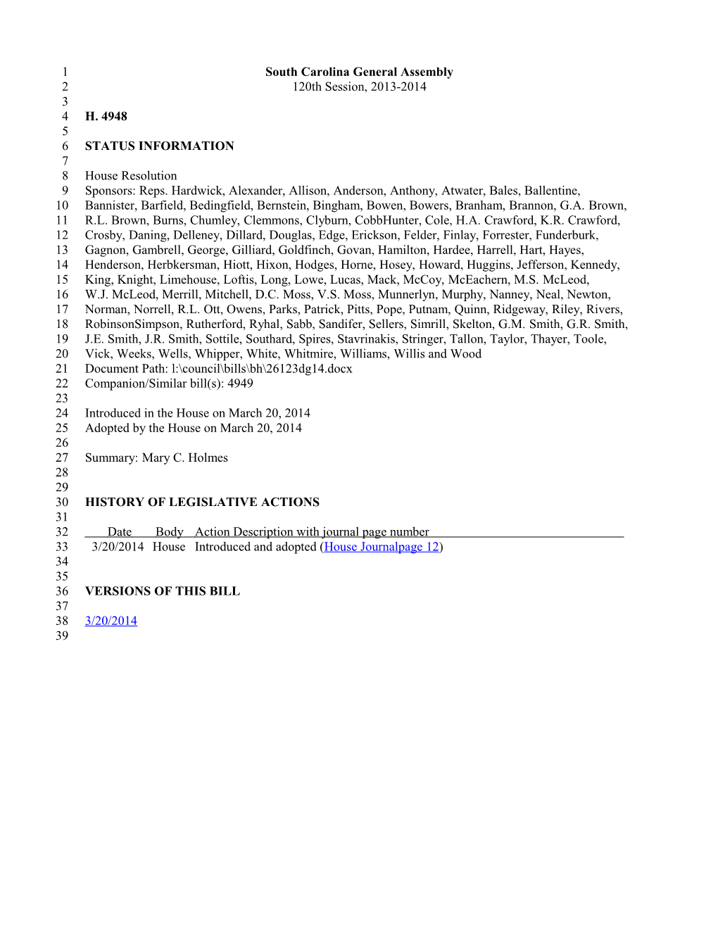 2013-2014 Bill 4948: Mary C. Holmes - South Carolina Legislature Online