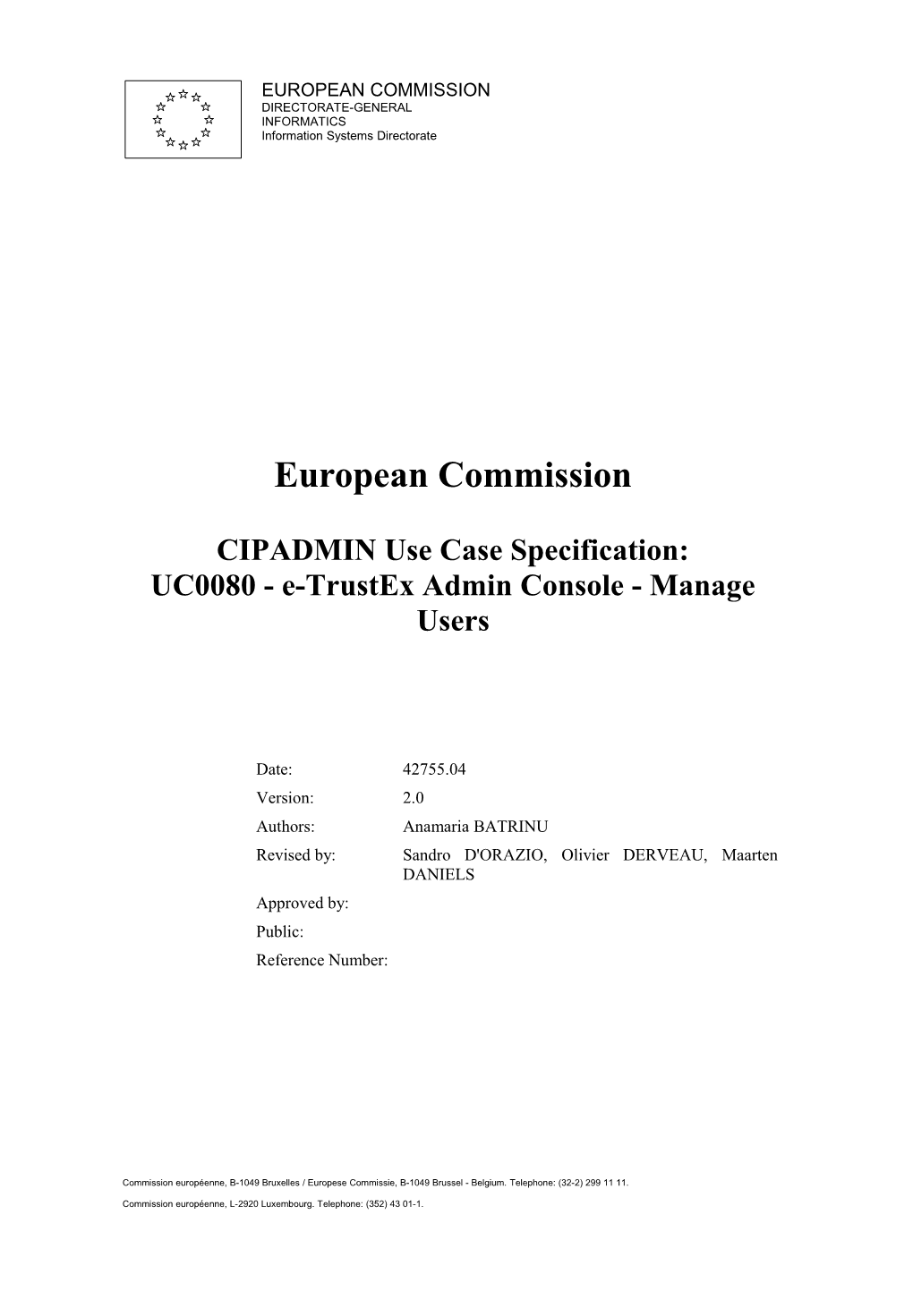 CIPADMIN Use Case Specification: UC0080 - E-Trustex Admin Console - Manage Users