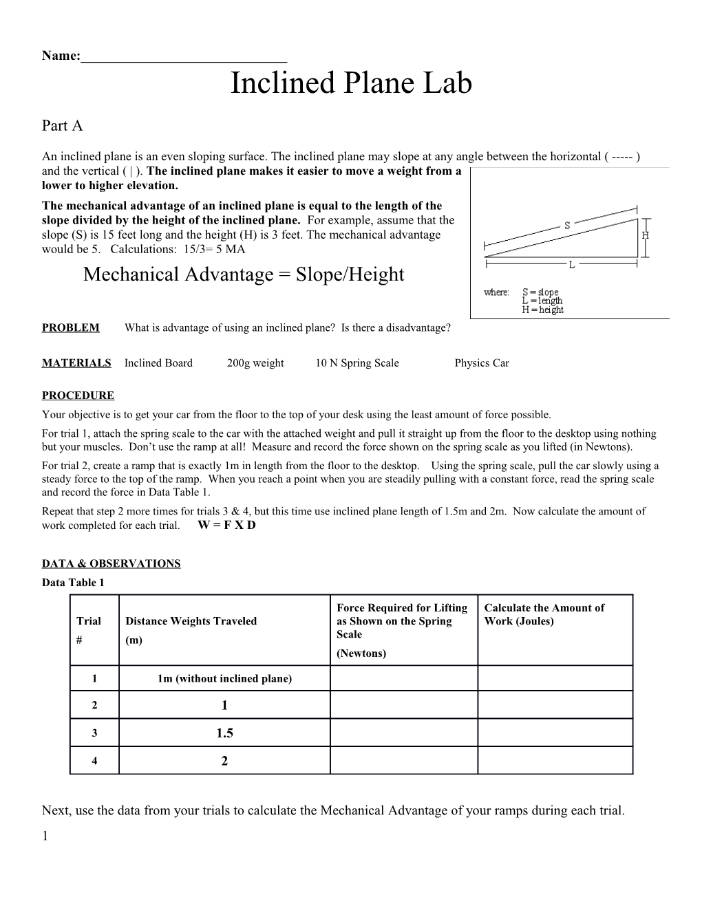 Inclined Plane Lab