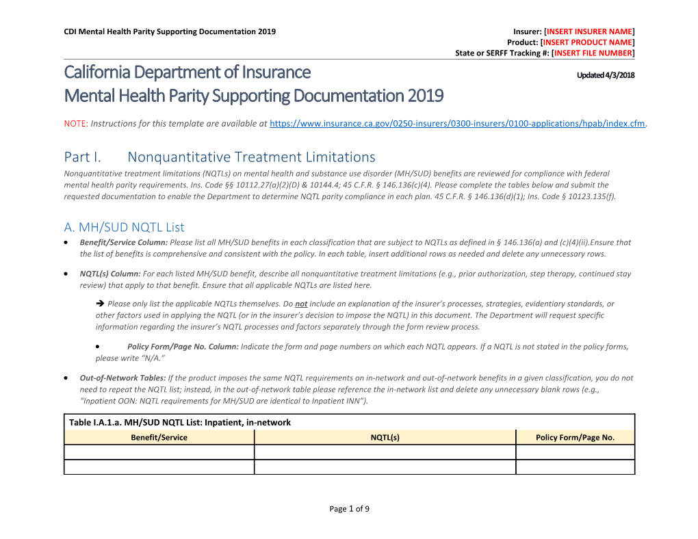 CDI Mental Health Parity Supporting Documentation Template