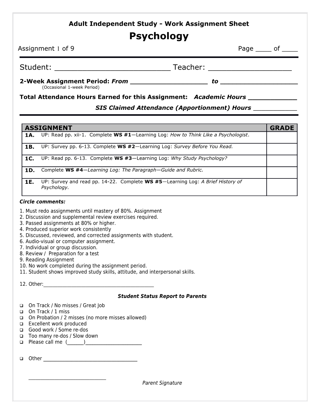 Adult Independent Study - Work Assignment Sheet Psychology