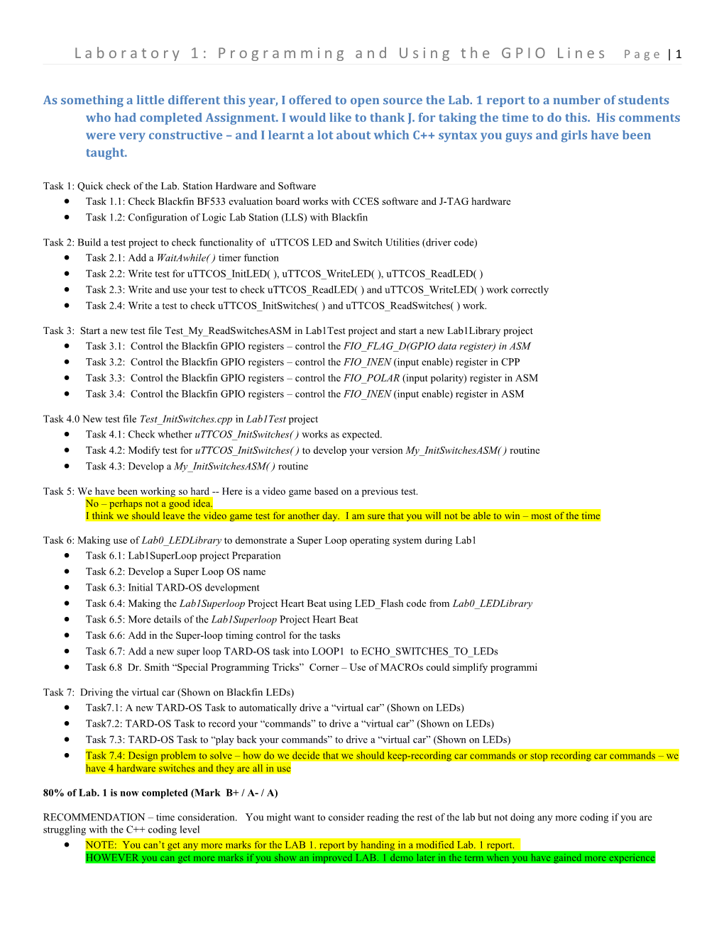 Laboratory 1: Programming and Using the GPIO Lines Page 1