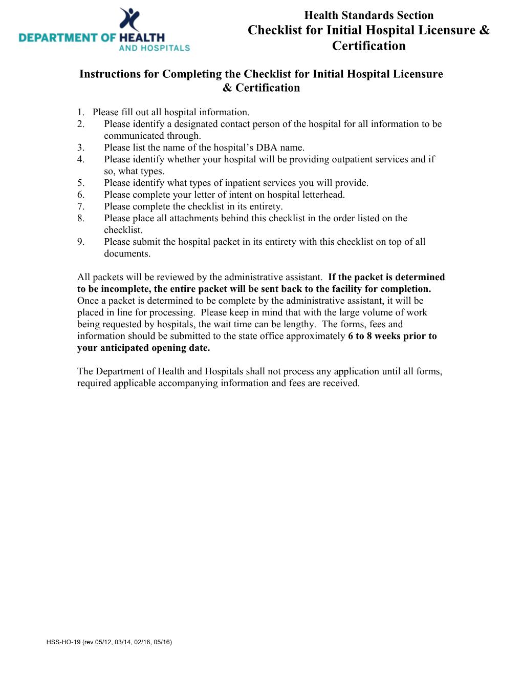 Instructions for Completing the Checklist for Initial Hospital Licensure & Certification
