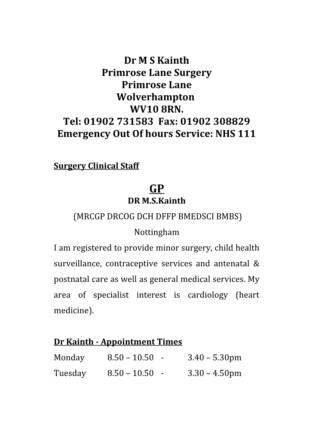 Emergency out of Hours Service: NHS 111