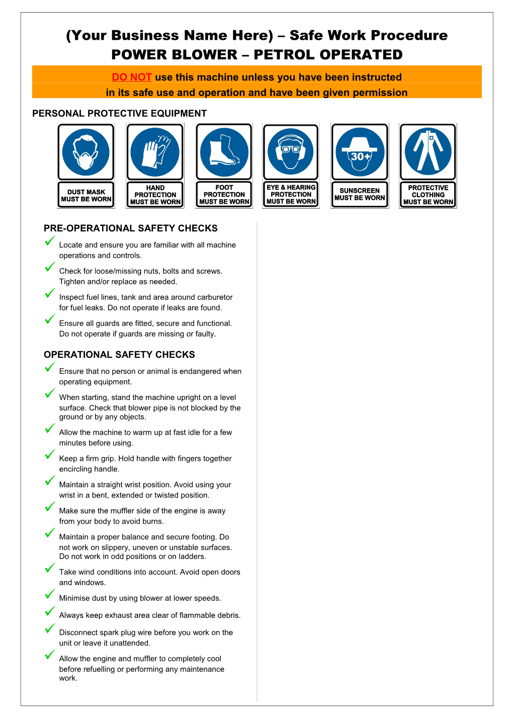 Safety Operating Procedures - Power Blower - Petrol Operated