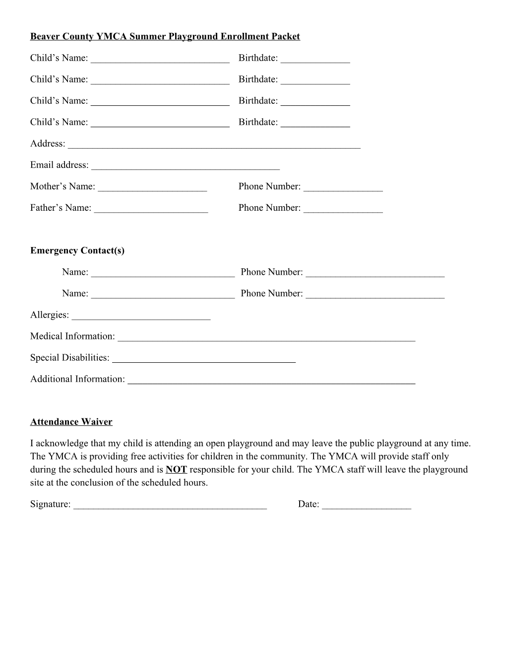 Beaver County YMCA Summer Playground Enrollment Packet