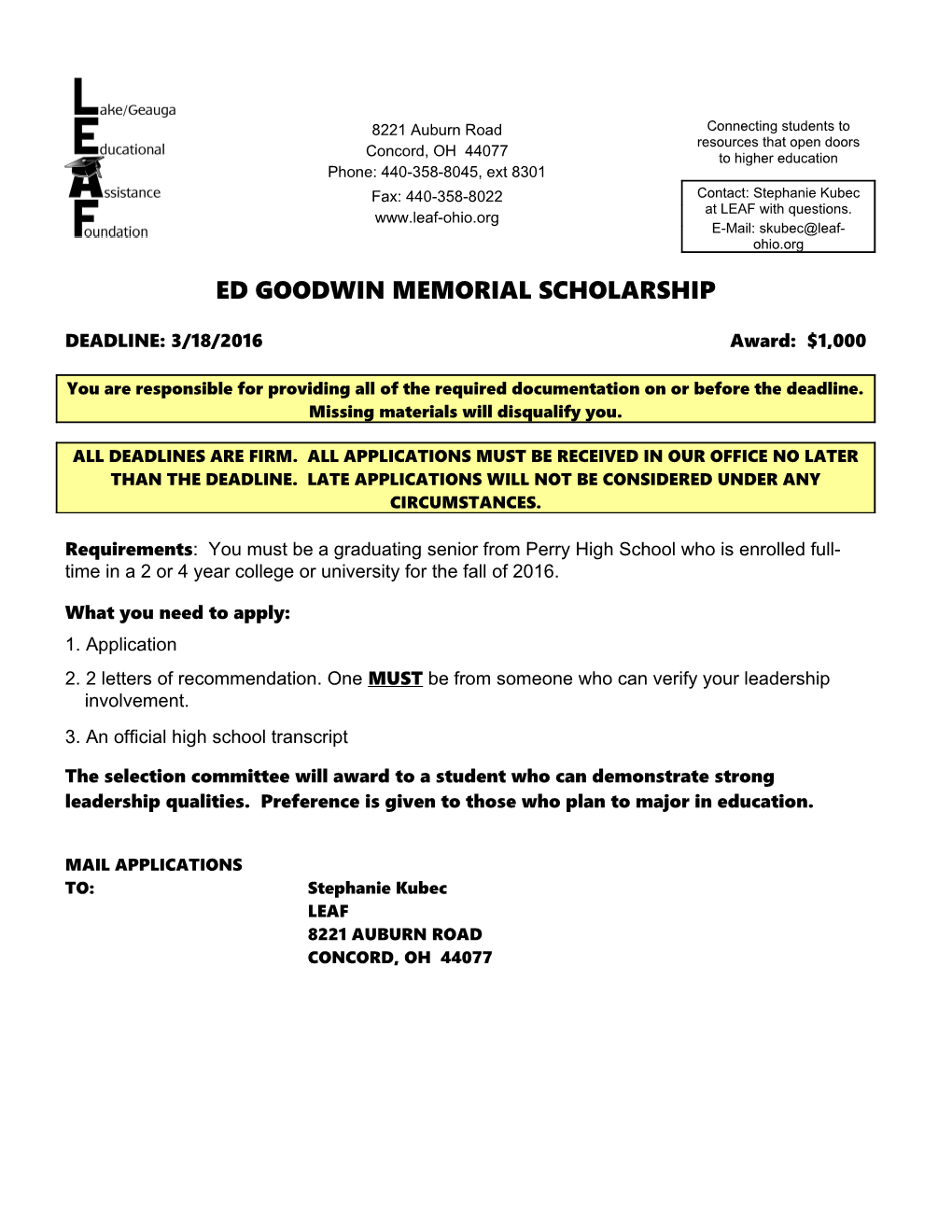 Ed Goodwin Memorial Scholarship