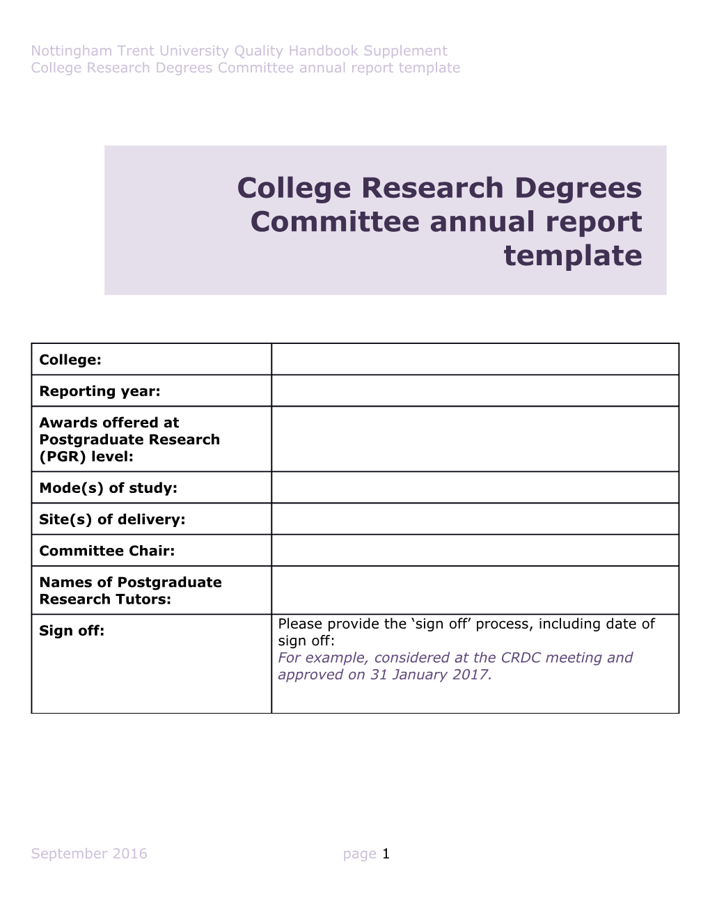 College Research Degrees Committee Annual Report Template