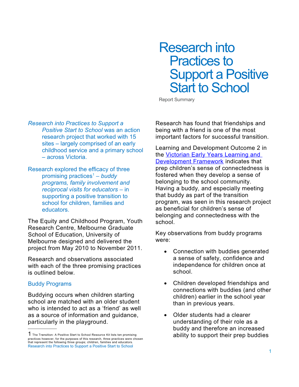 Research Into Practices to Support a Positive Start to School