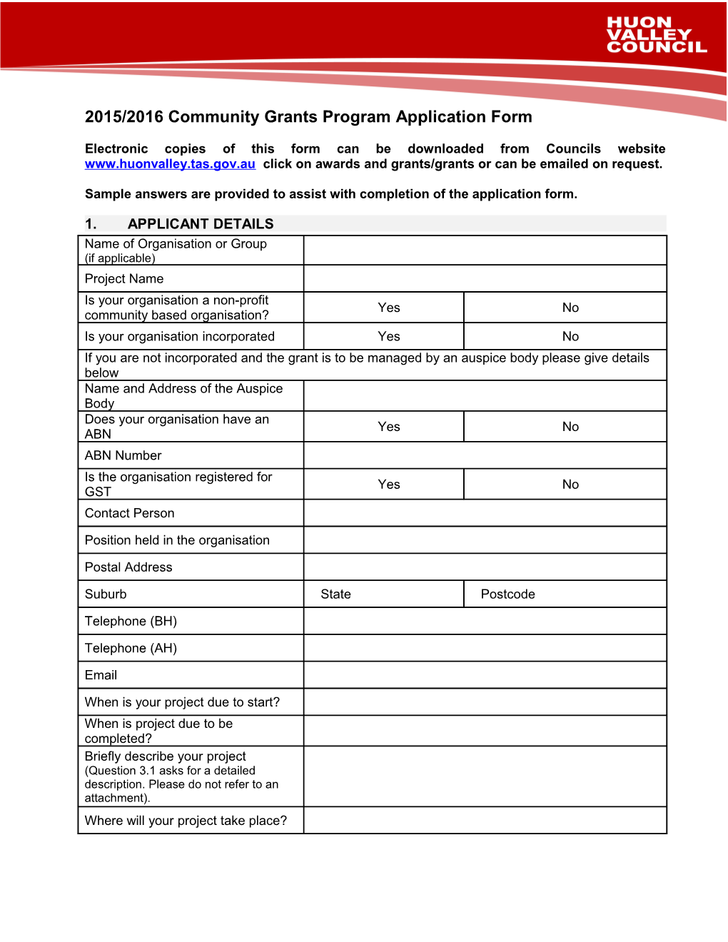 2015/2016 Community Grants Programapplication Form