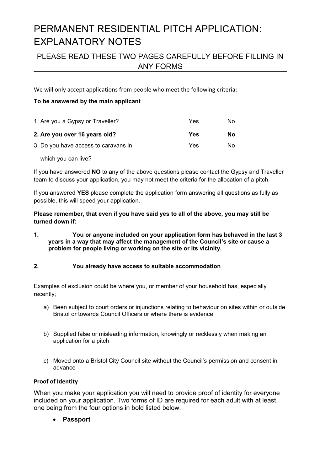 Permanent Residential Pitch Application: Explanatory Notes