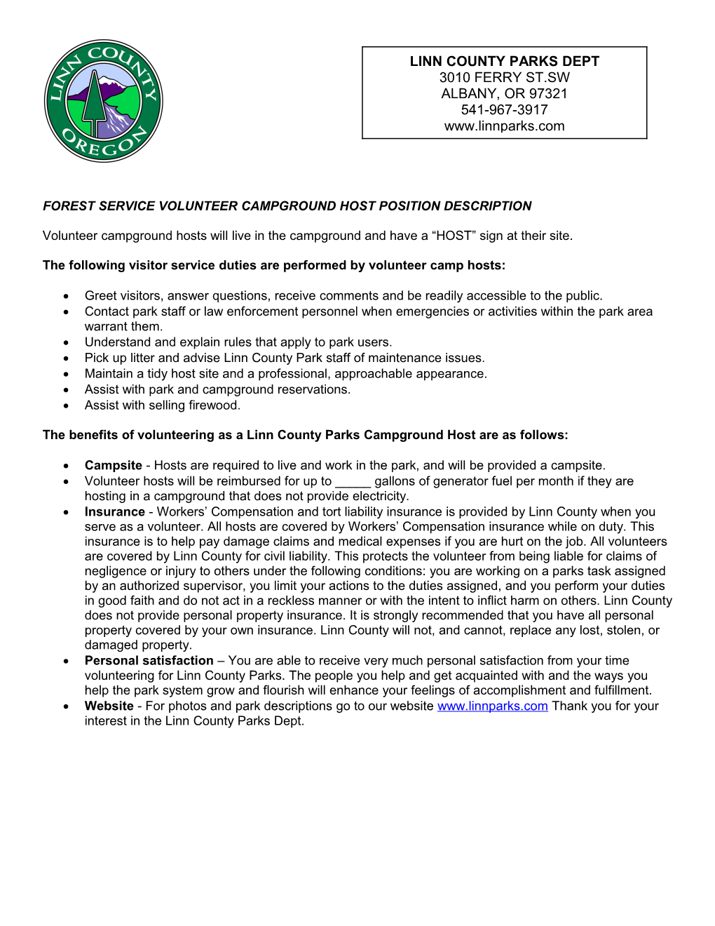 Forest Service Volunteer Campground Host Position Description