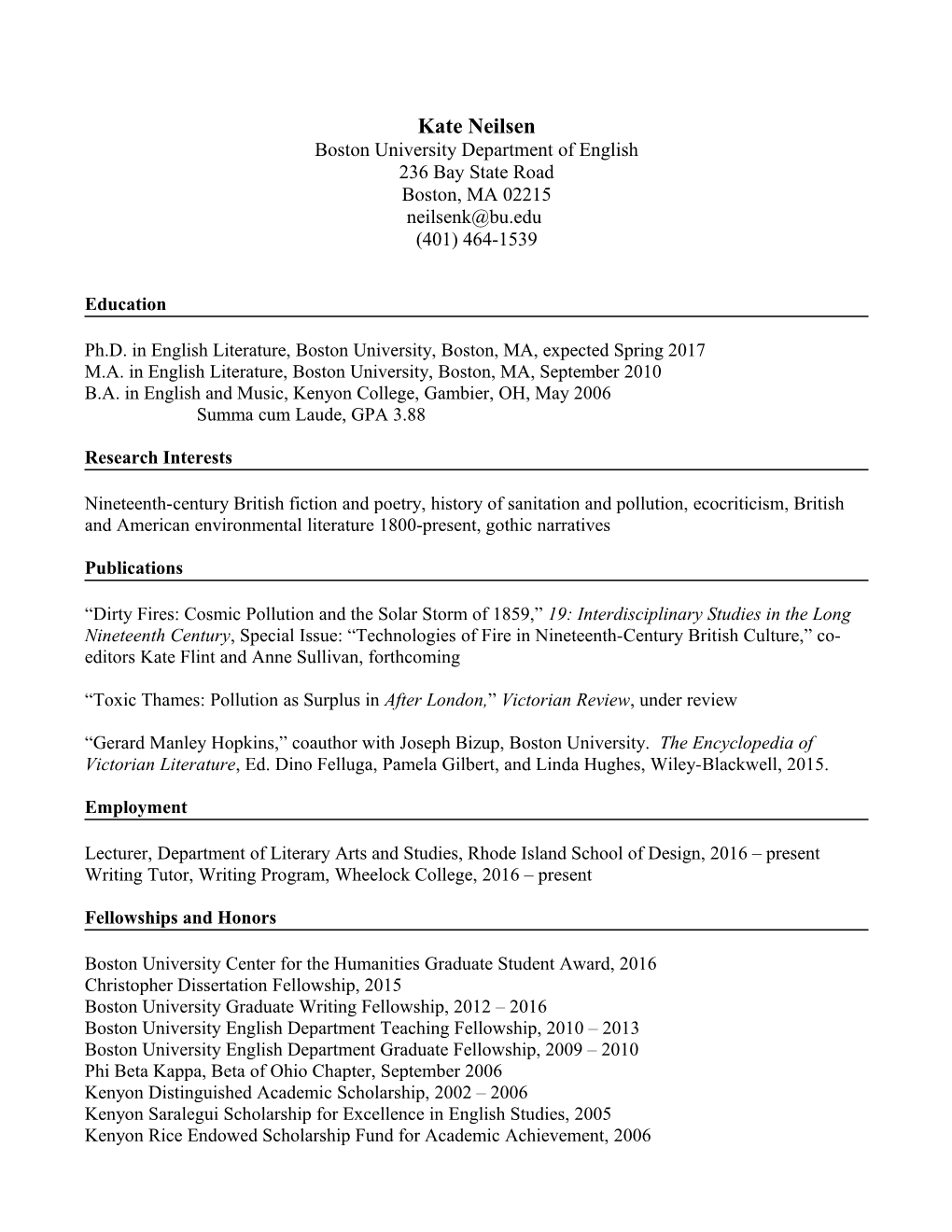 Kate Neilsen Curriculum Vitae