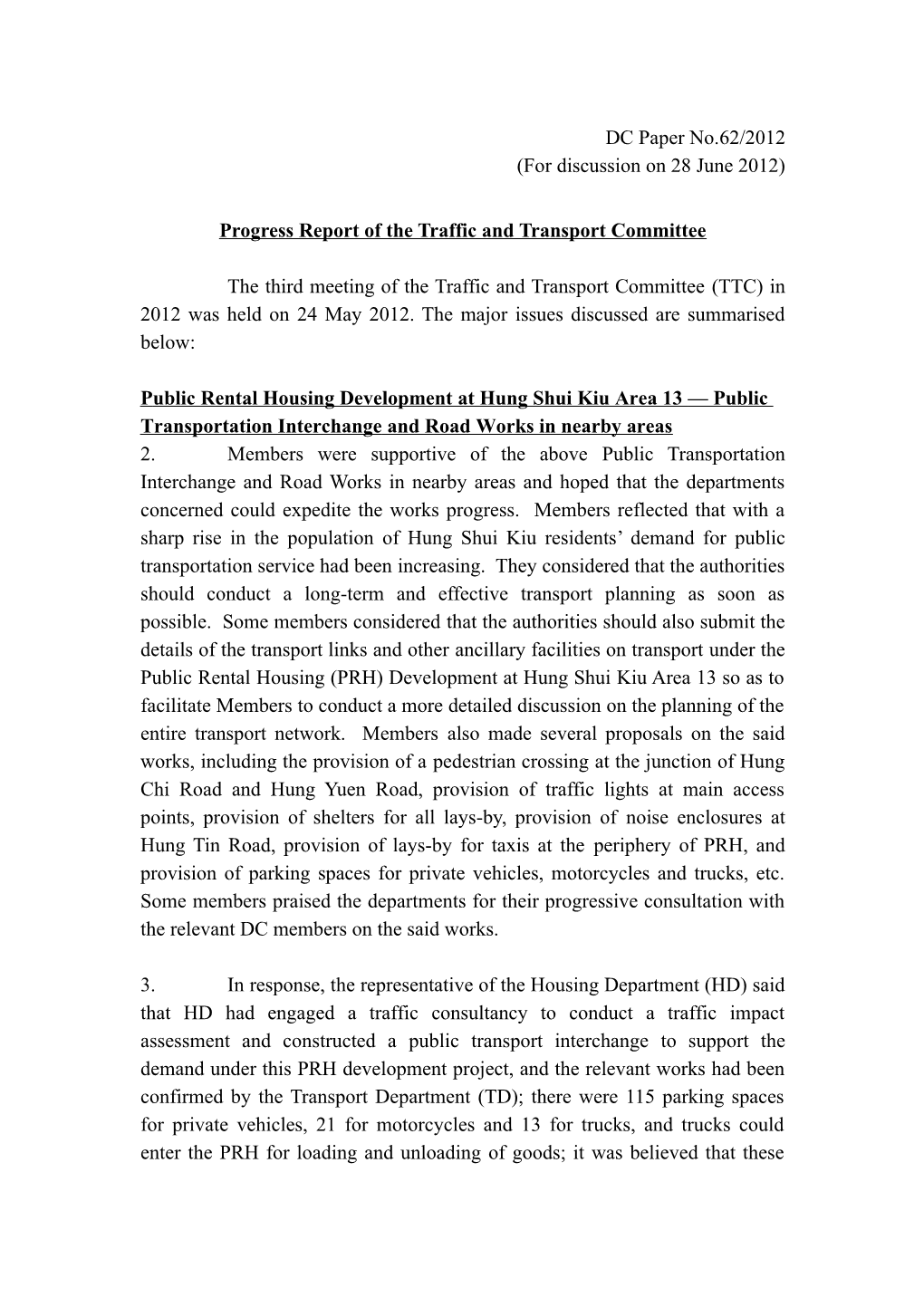 Progress Report of the Traffic and Transport Committee