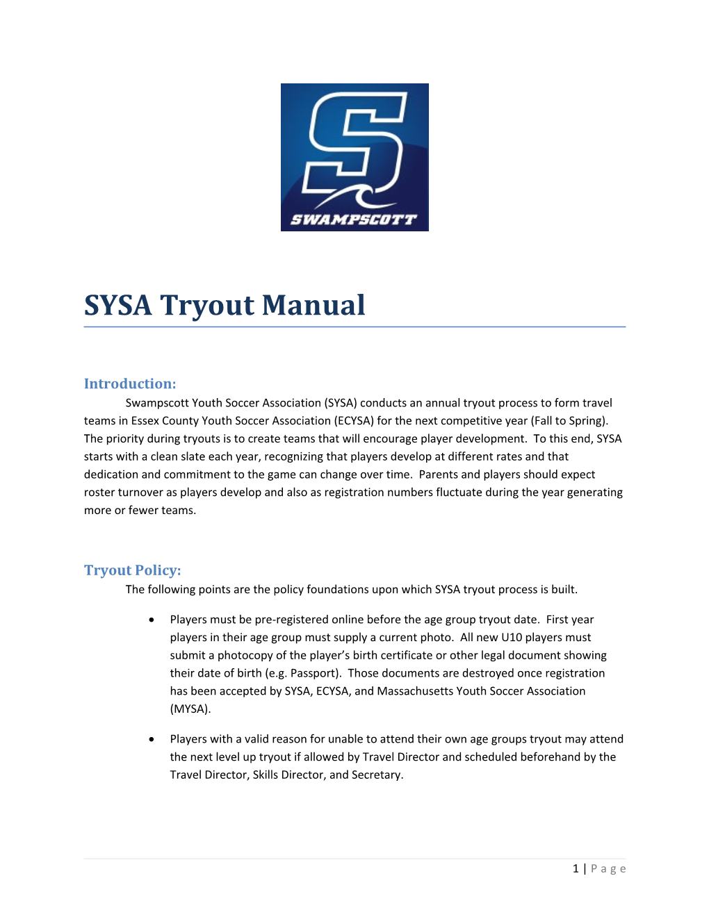 SYSA Tryout Manual