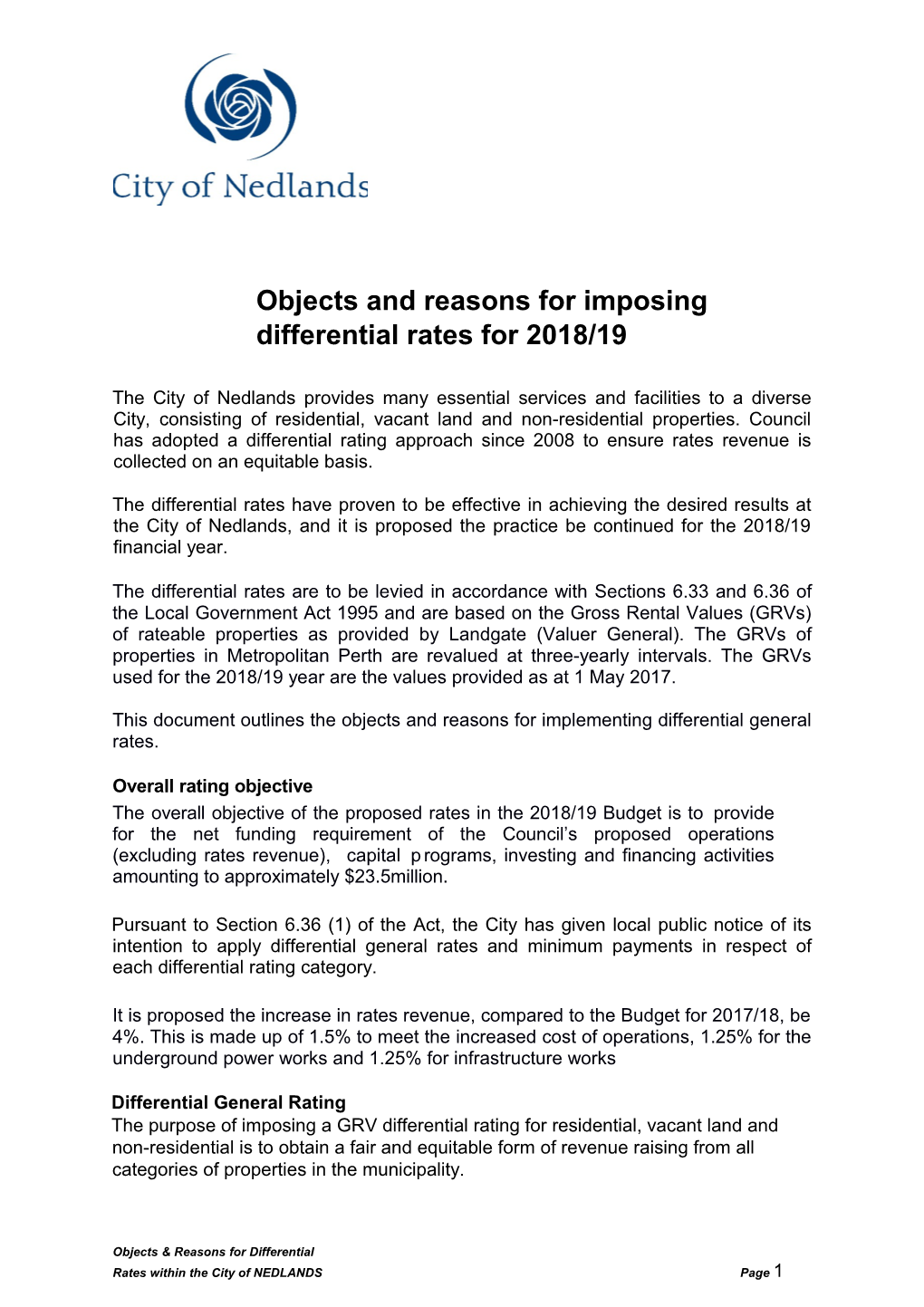 Objects and Reasons for Differential Rates 2017 18