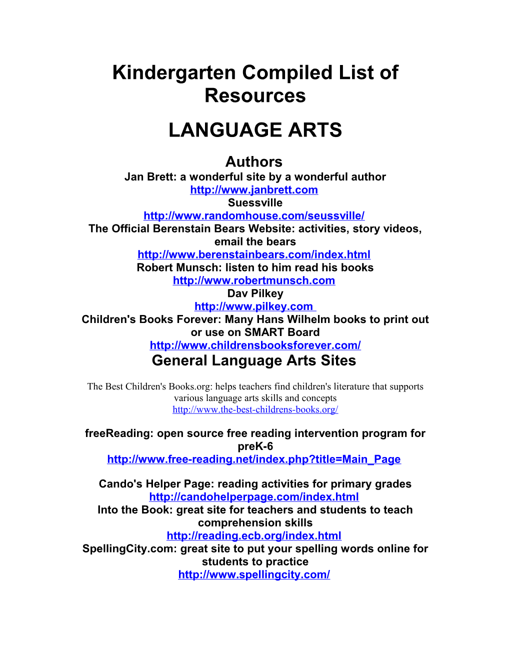 Kindergarten Compiled List of Resources