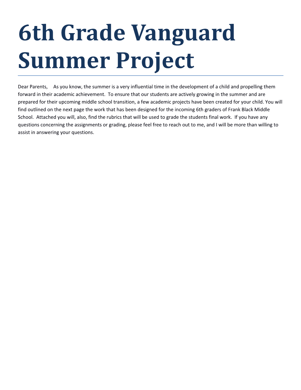 6Th Grade Vanguard Summer Project
