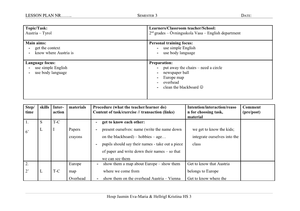 LESSON PLAN NR Semester 3 Date