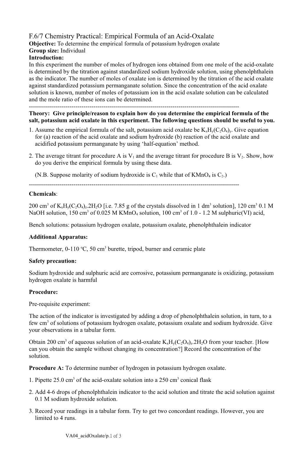 Determination of the Empirical Formula of an Acid-Oxalate by Titration with Standard