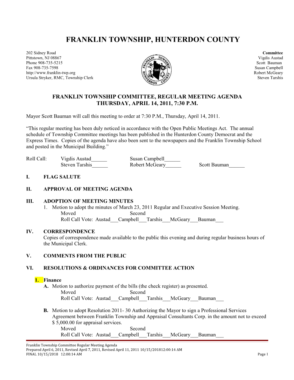 Franklin Township Committee, Regular Meeting Agenda