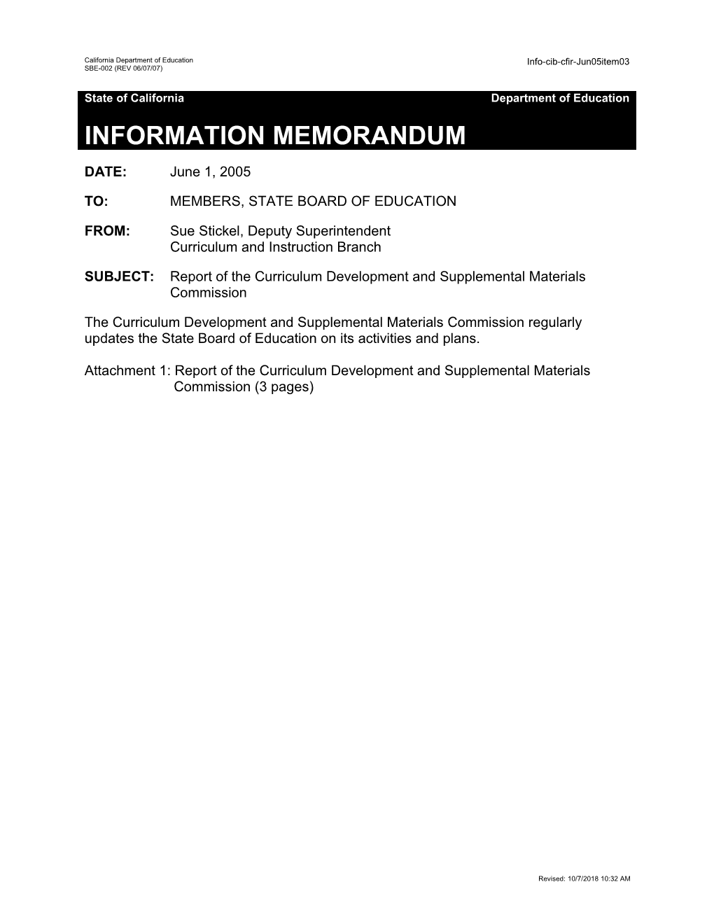 June 2005 Item 03 Memorandum - Information Memorandum (CA State Board of Education)