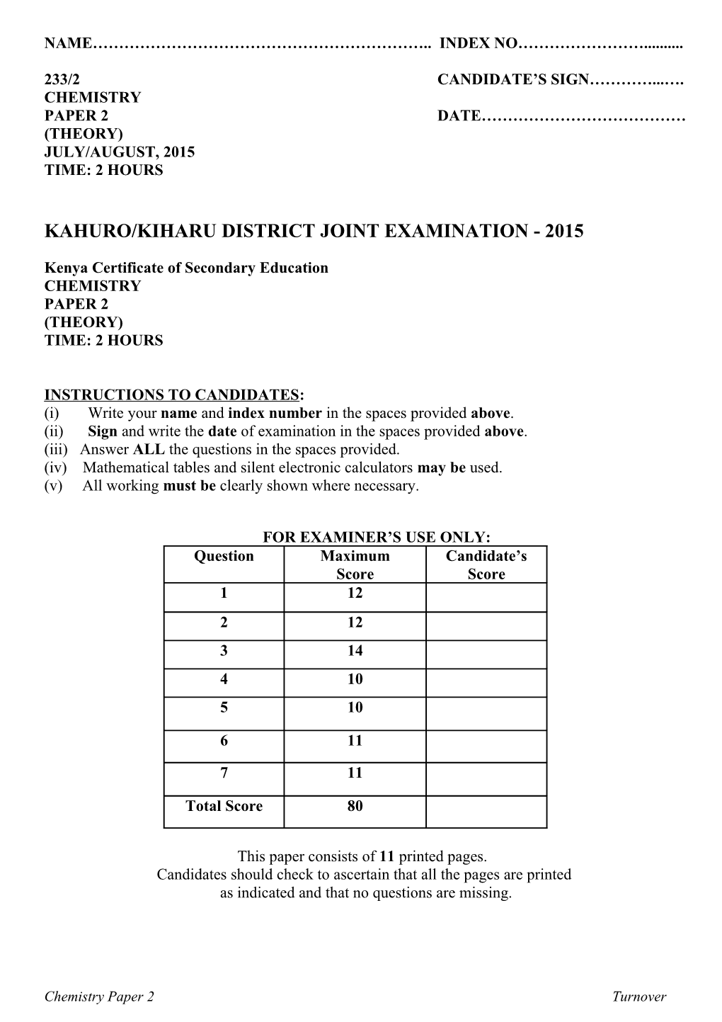 Kahuro/Kiharu District Joint Examination - 2015